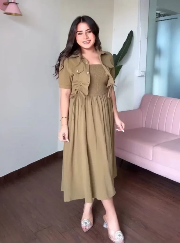 Smocked Bodice Collared Midi Dress