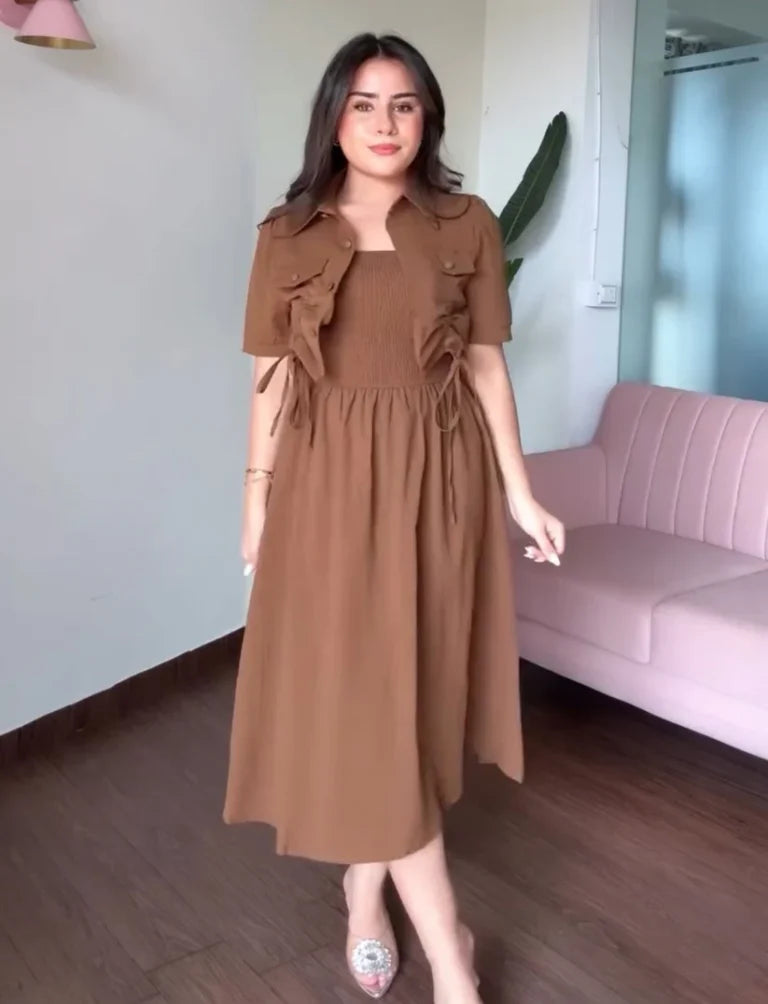 Smocked Bodice Collared Midi Dress
