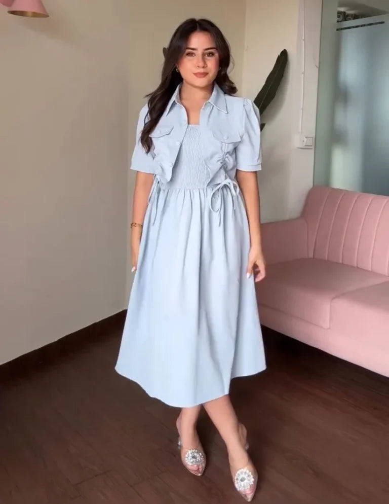 Smocked Bodice Collared Midi Dress